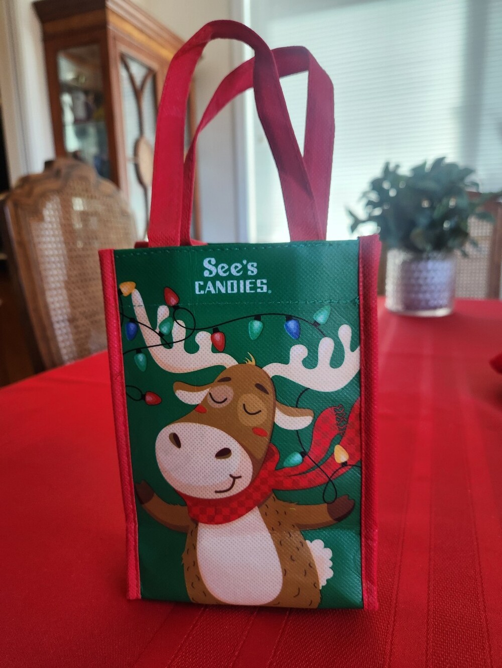 Candie's Green Reindeer Holiday Gift Bag with Red Handles